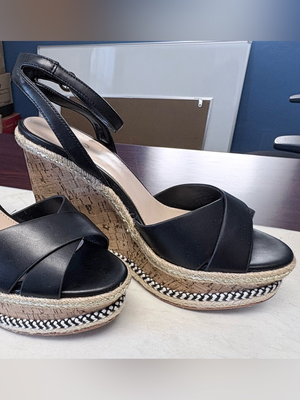 Black Cork Wedge Sandals with Ankle Strap